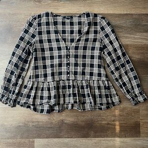 Madewell Courtyard Ruffle Black and Cream Metallic Plaid Peplum Blouse